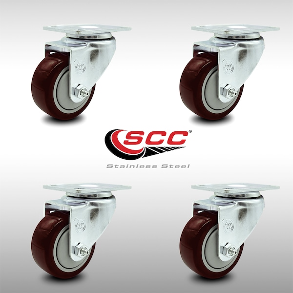 Service Caster 3 Inch SS Maroon Polyurethane Wheel Swivel Top Plate Caster Set SCC-SS20S314-PPUB-MRN-4 - main